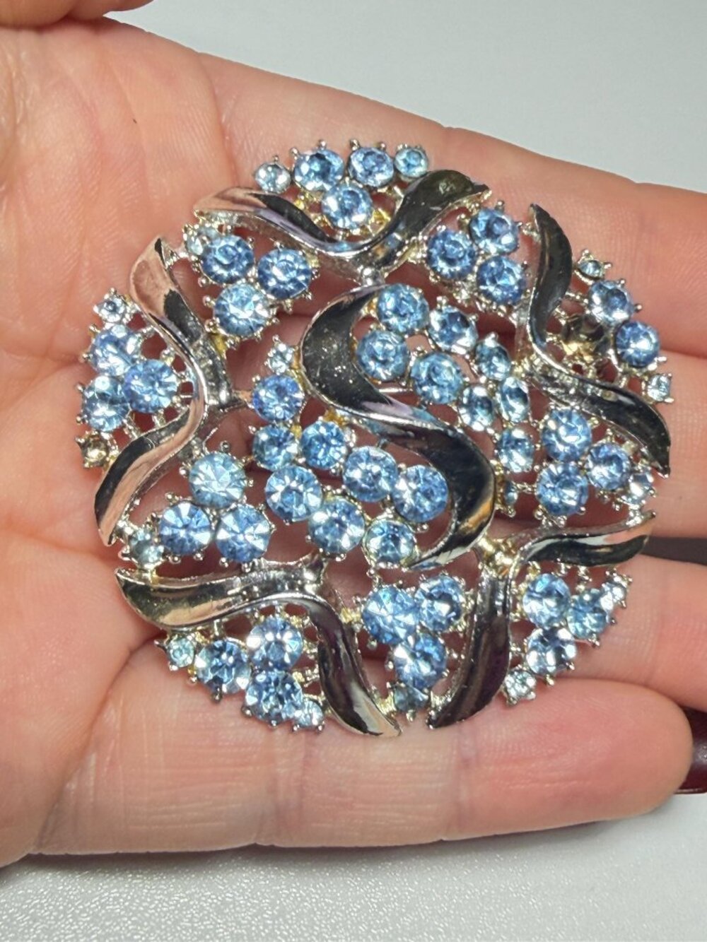Floral Brooch Blue Rhinestone Silver Tone Vintage Repair 2.25 inches